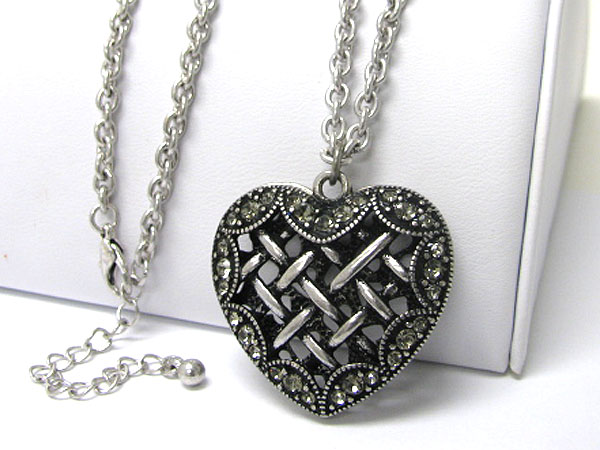 Crystal edge and woven textured metal heart necklace