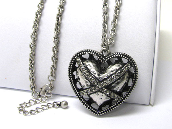 Crystal x cross and metal heart necklace