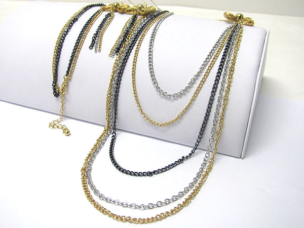 Multi metal chain and ribbon accent long necklace earring set