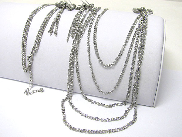 Multi metal chain and ribbon accent long necklace earring set