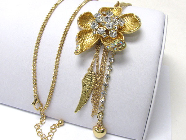 Crystal deco flower and wing and heart charm drop long necklace