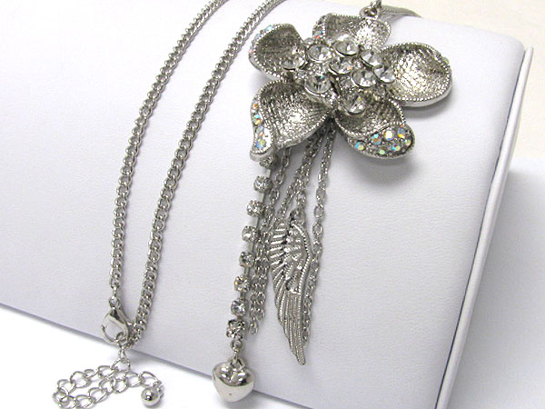 Crystal deco flower and wing and heart charm drop long necklace