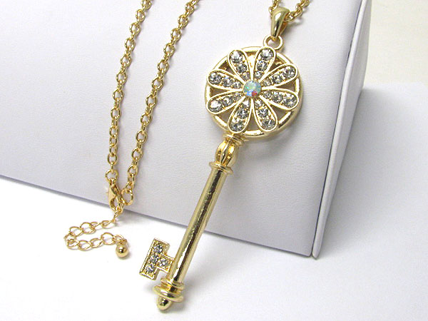 Crystal flower deco large key necklace