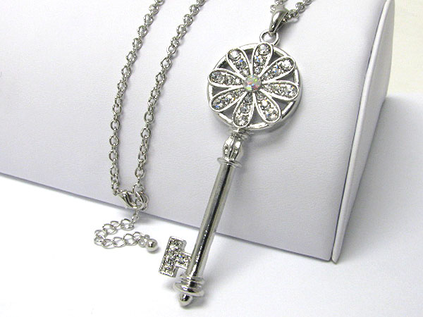 Crystal flower deco large key necklace