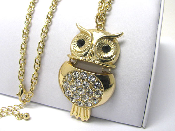 Crystal deco two part head and body owl necklace