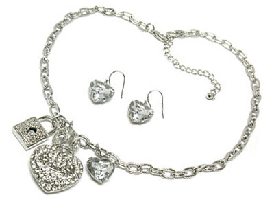 Crystal crown heart and dual dangles rhodium chain necklace and earring set 