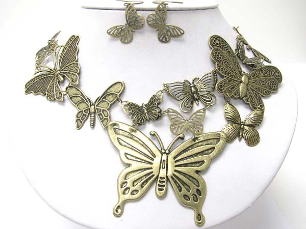 Metal texture butterfly link necklace earring set