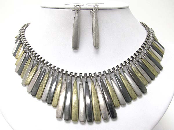 Multi metal bar drop box chain necklace earring set