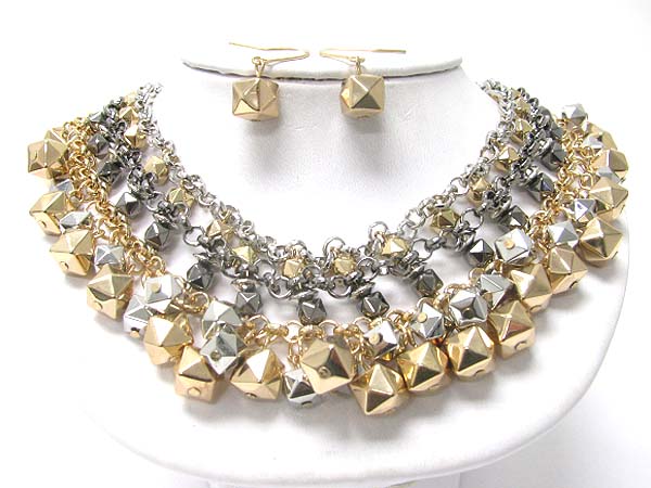 Multi row metal cube and chain necklace earring set