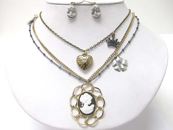 Metal cameo and multi charm necklace set