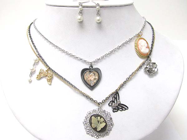 Metal cameo and multi charm necklace set