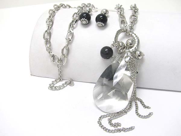 Facet glass tear drop and facet beads long necklace earring set