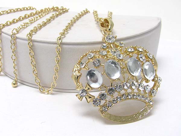 Large crystal crown pendant long necklace