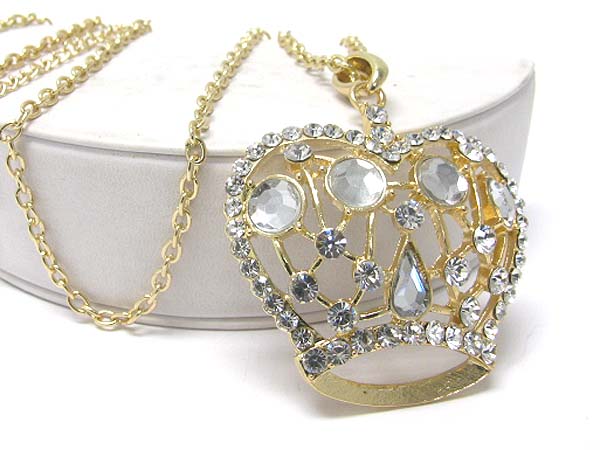 Large crystal crown pendant long necklace