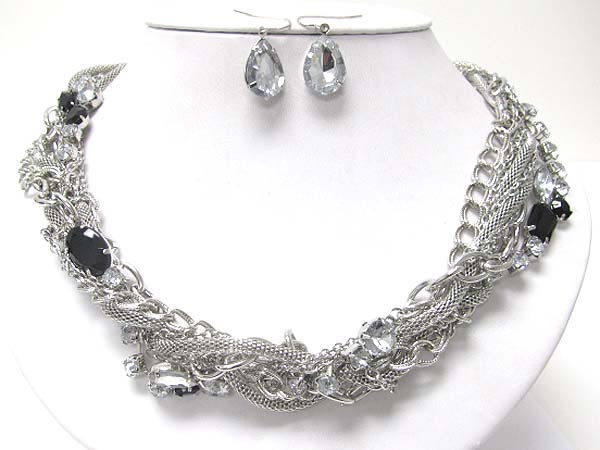 Facet stone and braided metal chain necklace earring set