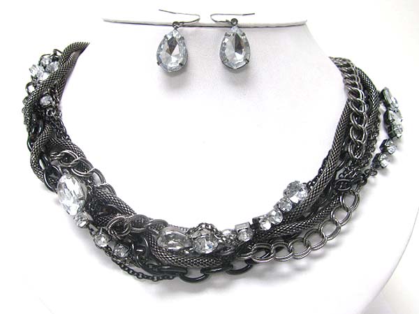 Facet stone and braided metal chain necklace earring set