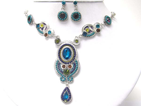 Crystal and beads art deco necklace earring set