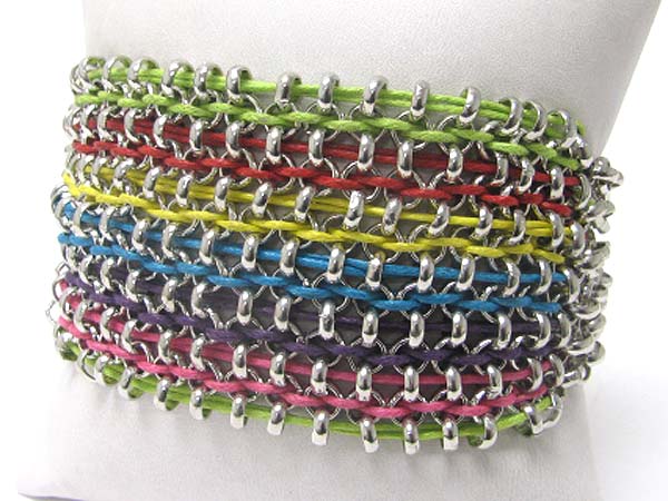 Multi metal chain and cord thread link bracelet