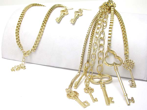 Multi key pendant dangle box chain knot longnecklace earring set