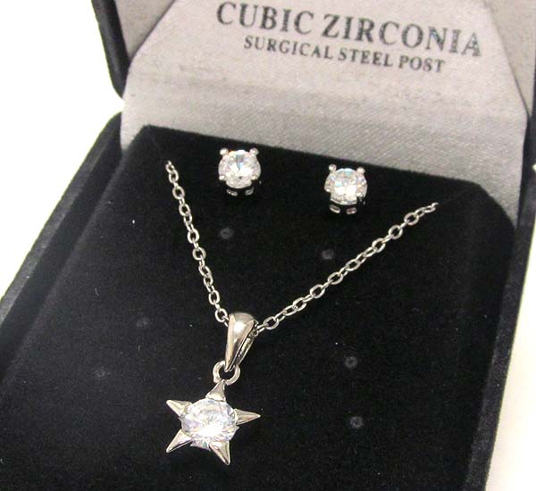 Cubic zirconia star drop chain necklace earring set