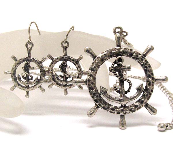 Metal hammered steering wheel and anchor pendant drop chain necklace earring set