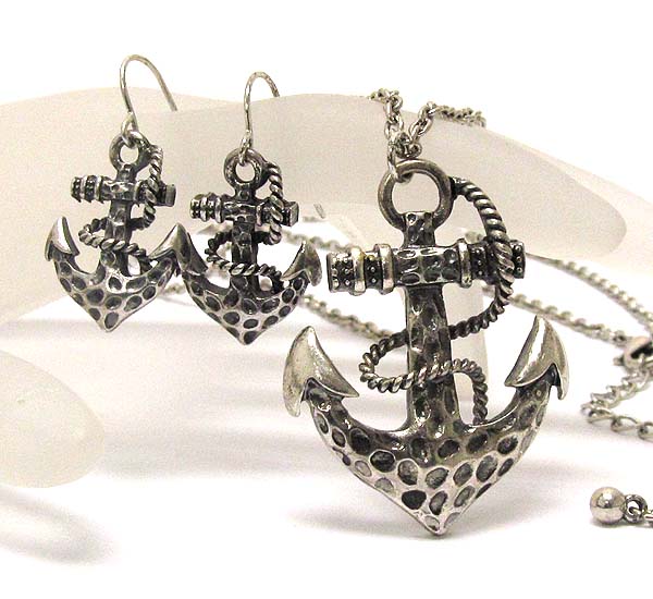 Metal hammered anchor and rope pendant drop chain necklace earring set