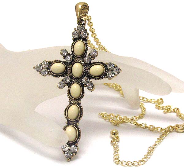 Crystal textered metal cross with multi oval acryl stone drop chain necklace