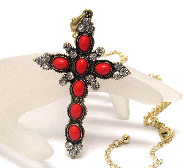 Crystal textered metal cross with multi oval acryl stone drop chain necklace