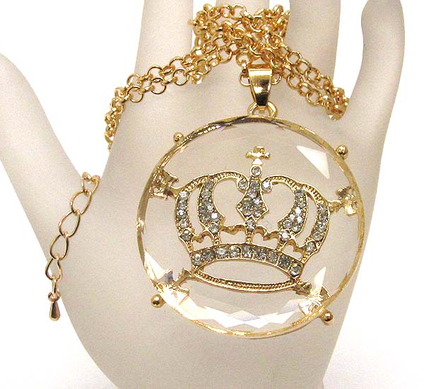 Clear glass with crystal metal crown drop long chain necklace