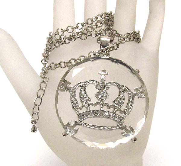 Clear glass with crystal metal crown drop long chain necklace