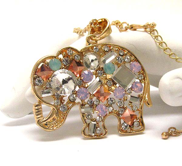 Multi shape and color crystal deco elephant long necklace