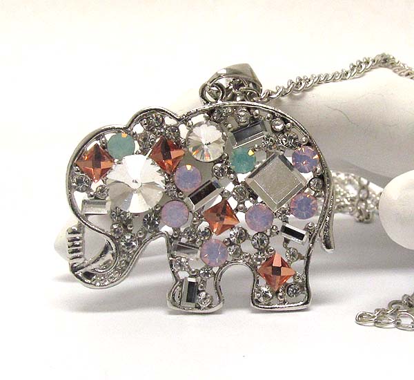 Multi shape and color crystal deco elephant long necklace