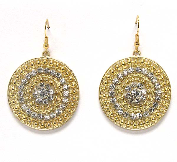 Crystal and metal filigree disk drop earring