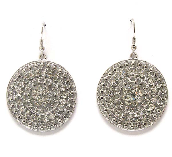 Crystal and metal filigree disk drop earring