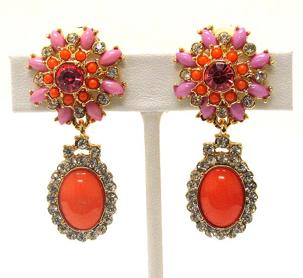 Multi crystal and acrylic stone deco drop clip on earring