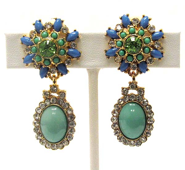 Multi crystal and acrylic stone deco drop clip on earring