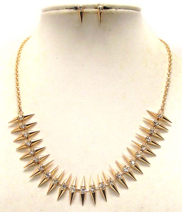 Multi crystal metal spikes pattern drop chain necklace earring set