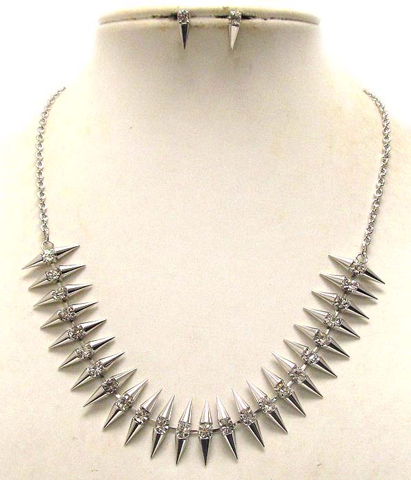 Multi crystal metal spikes pattern drop chain necklace earring set