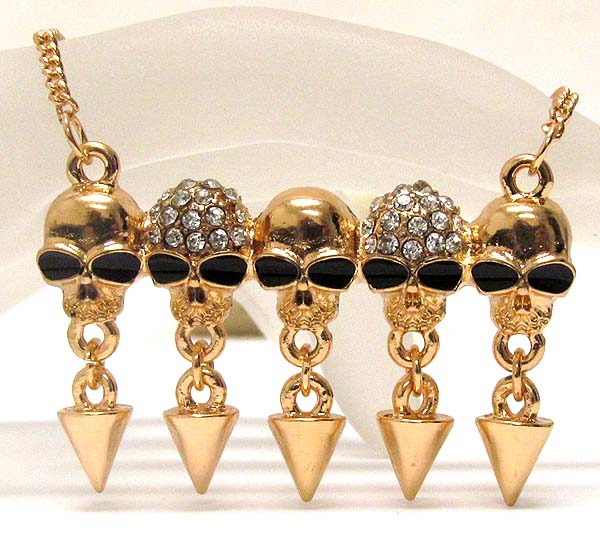 Crystal and metal sukll pattern drop dangle spikes drop chain necklace