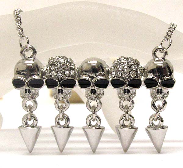 Crystal and metal sukll pattern drop dangle spikes drop chain necklace