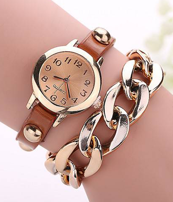 Metal chain and leather band wrist wrap fashion watch