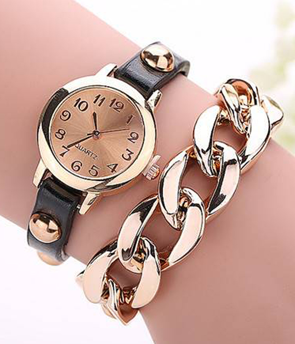 Metal chain and leather band wrist wrap fashion watch