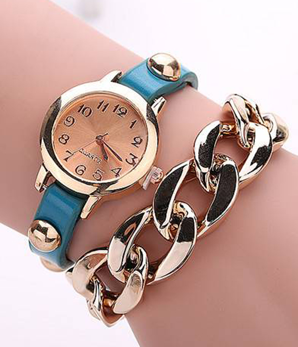 Metal chain and leather band wrist wrap fashion watch