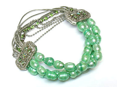 Fresh water pearl and crystal triple line bracelet