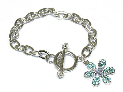 Crystal flower charm and crystal ends toggle bracelet