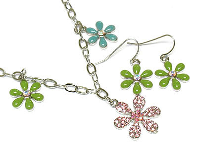 Crystal and enamel epoxy flower y necklace and earring set