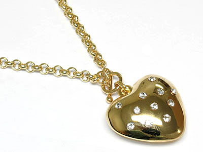 Metal puff heart with crystal toggle necklace