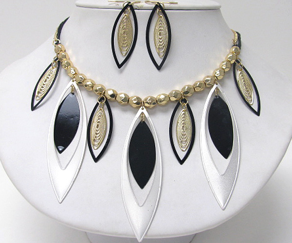 Multi metal leaf shape dangle necklace set