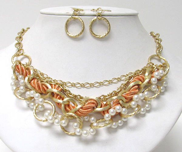 Multi metal chain pearl and rope mix necklace set