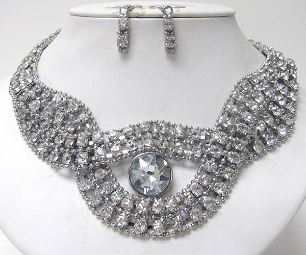 Facet glass and multi crystal double chain wave necklace earring set